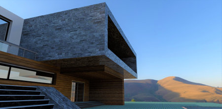 Blue clear sky. Stunning house in mountains. Wooden facade looks good with gray slate finishing. wide satirs. 3d rendering.の写真素材