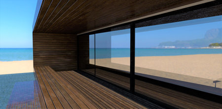 Balcony finished with wood. Mirror doors reflect the ocean beach. 3d rendering.の写真素材