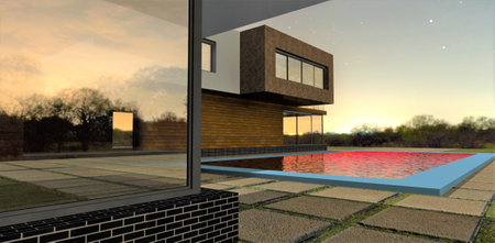 Wonderful night view of a newly built modern house. Evening light is reflected on the surface of the water in the pool. There are stars in the sky. 3d rendering.の写真素材