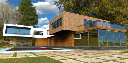 An exclusive project of a modern country house in the forest. Facade decoration with wood. Wonderful pool in the yard. The floor is paved with rectangular concrete slabs. 3d rendering.の写真素材