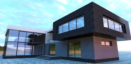 Newly built country house of unusual design. Glass room, as well as gray and black brick tiles. 3d rendering.の写真素材