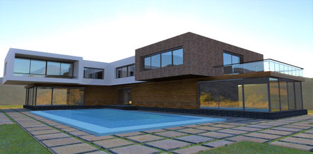 Wonderful country villa with pool. Large concrete slabs as flooring. The sun sets behind the house. Mountains in the background. 3d rendering.の写真素材