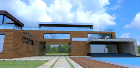 White clouds in the blue sky. Advanced design of a country house with a wooden facade. Entrance from the room with glass sliding doors. Spacious terraces with a transparent fence. 3d rendering.の写真素材
