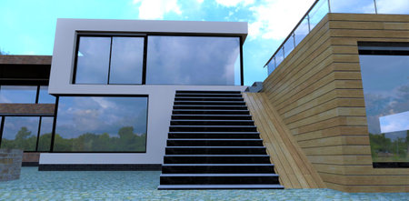 Stone staircase leading to the terrace of an exclusive country house built according to a modern design. Finishing the walls with a facade board. 3d rendering.の写真素材