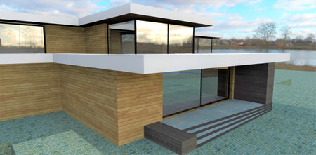 Terrace above the entrance to a luxury villa on the lake. Glass automatic sliding doors. The facade is finished with light wood, 3d render.の写真素材