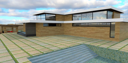 An interesting villa with a wooden facade made of light lacquered boards. Paving stones made of large concrete slabs. Covered corruption at the entrance to the building. 3d rendering.の写真素材