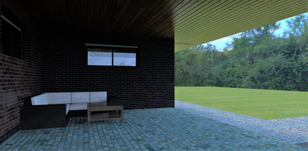 Black and white sofa corner and wooden coffee table in the yard of an advanced country house. The floor is paved with natural stone. Green lawn and bushes outside. 3d rendering.の写真素材