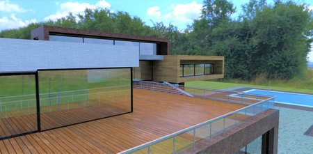 Wooden terrace of a luxurious country house with a swimming pool. Fencing made of glass panels and metal fasteners. thick bushes around the villa. 3d rendering.の写真素材