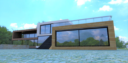 Natural granite paving stones in front of a newly built empty modern country house. Huge panoramic window. At the top there is a glass enclosed terrace. 3d rendering.の写真素材