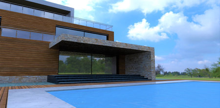Exit from the house to the pool. Modern country villa. Facade decoration with wood. glass railing. Rare cloudy weather. 3d rendering.の写真素材