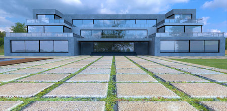 A pavement of square stone slabs in front of a futuristic three-story reinforced concrete building. Lawn, swimming pool and cloudy sky. 3d rendering.の写真素材