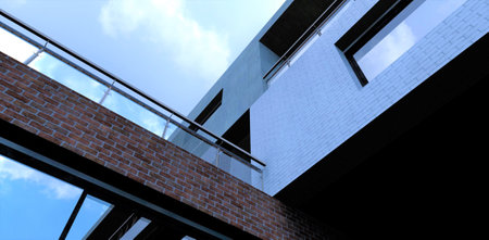 View from below on the facade of a traditional office building finished with decorative bricks and...