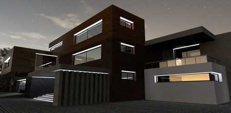 Illumination of a modern small-apartment club house with white LED lighting. Balcony, porch and entrance to the garage. Wonderful starry night. 3d rendering.の写真素材