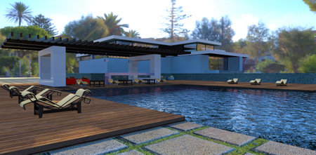 Relax by the pool on the cozy patio. Bar counter and sun loungers. Modern house and tropical landscape in the background. 3d rendering.の写真素材