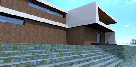 Climbing the stairs to the porch of a minimalist house. Comfortable wide steps. The ends are finished with natural stone blocks. 3d rendering.の写真素材