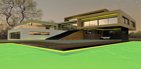 Experimenting with light on a starry night in a modern advanced pool villa. Illumination of the facade of the house with a yellow LED tape. 3d rendering.の写真素材