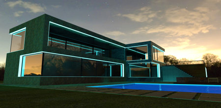 A wonderful sunset in an advanced villa illuminated by a light blue LED strip along the entire...