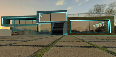 Turquoise LED strip as a backlight for a modern building. Emphasizes minimalist architectural lines. Favorably highlights the property at night. 3d rendering.の写真素材