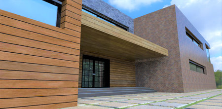 Entrance to a small provincial office. The exterior is finished with old brown brick, facade board and natural gray slate. 3d rendering.の写真素材