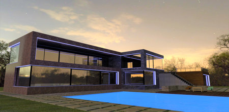 Illumination of the facade of a modern private country cottage with a blue LED strip. Straight, smooth lines emphasize minimalist architectural forms. Near the pool with cool turquoise water. 3d rendering.の写真素材
