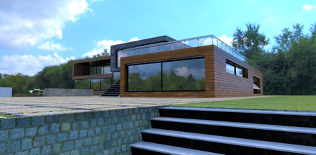 Stairs upstairs to the courtyard of an advanced private country house. The facade of the building is finished with wood. On the ground is a massive concrete paving stone. 3d rendering.の写真素材