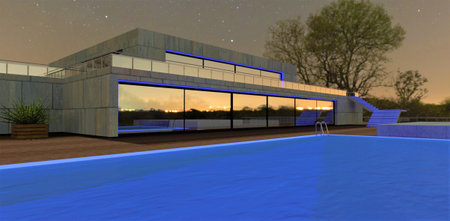 LED lighting of the pool on the roof of a wonderful country house on a starry night. Window arch lighting. Terrace covered with wooden decking. 3d rendering.の写真素材
