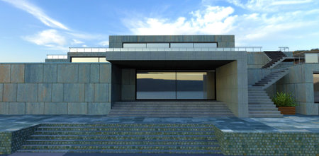 Front entrance to an advanced modern building. Finishing of a facade a natural stone. Wide comfortable stairs. Mirrored sliding doors. Specific visor. 3d rendering.の写真素材