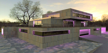 Purple LED lighting for a modern country estate built in a minimalist style. Window openings, porch and garage are illuminated. 3d rendering.の写真素材