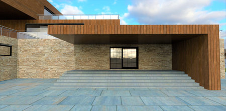 Finishing the porch of a modern private house with a vertical frontal board. Massive concrete slabs as paving stones. Slate faの写真素材