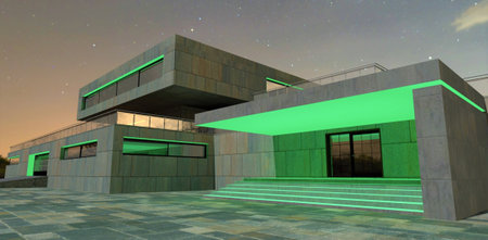Green LED lighting of the front part of a country modern building finished with stone panels on a starry night. View of the corruption and entrance to the garage. 3d rendering.の写真素材