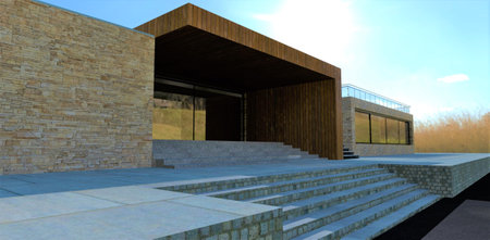 Convenient stone staircase in front of the entrance to an advanced private building. Finishing the porch vertical facade board. 3d renderingの写真素材