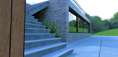 Concrete staircase to the second floor of a modern newly built house. Paving stones from large stone slabs. Finishing the facade is old slate. 3d rendering.の写真素材