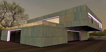 Night lighting of a stone building with a purple LED strip. It gives the impression of a mixture of medieval architecture and modern lighting technologies. 3d rendering.の写真素材