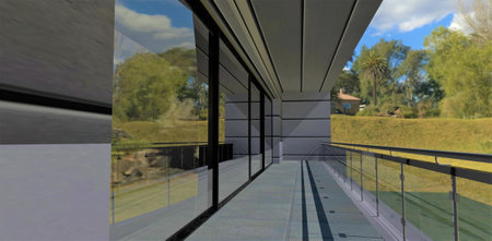 Contemporary balcony design. Wall decoration with aluminum panels. Concrete on the floor. Fence glass and metal. Wonderful tropical landscape. 3d rendering.の写真素材