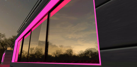 Illumination of the panoramic window with a pink LED strip. It gives the impression of a fairy tale. Looks cool and rich. Consumes little electricity. 3d rendering.の写真素材