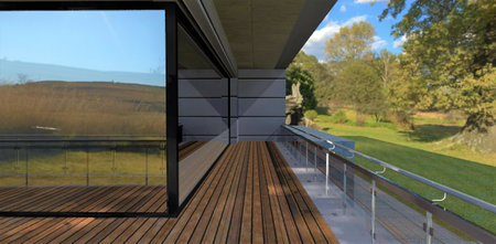 Advanced design of a modern wooden decked balcony. glass panel fence. Wall decoration aluminum panels. Wonderful natural landscape around. 3d rendering.の写真素材