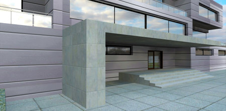 A modern trend in the decoration of the facades of advanced buildings. Porch cladding with metal panels. Looks rich and technological. 3d rendering.の写真素材