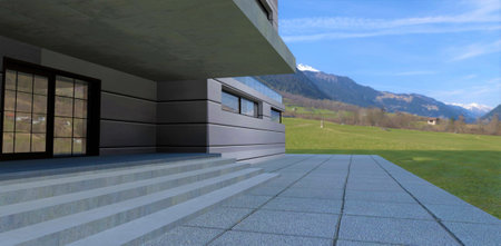Paving stones of massive stone slabs in front of the porch of a metal-panelled building built at the foot of the Alpine mountains. 3d rendering.の写真素材