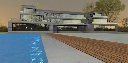 A serene starry night in an advanced minimalistic pool villa. Large modern building with spacious terraces. Paving yard paved with concrete slabs. 3d rendering.の写真素材