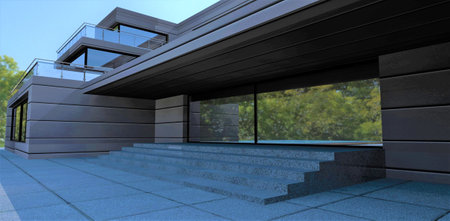 The main entrance to a low-rise office building designed in a minimalist style. Finishing of a facade aluminum panels. 3d rendering.の写真素材