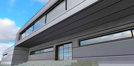 Porch of a futuristic house. Elongated flat shape. Facade decoration with energy innovative-efficient highly aesthetic materials. Technological automatic sensor door. 3d rendering.の写真素材