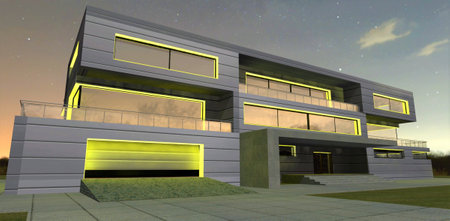 Night lighting of the facade of an advanced modern low-rise office with a yellow LED strip. It looks good together with the exterior of the building finished with aluminum panels. 3d rendering.の写真素材