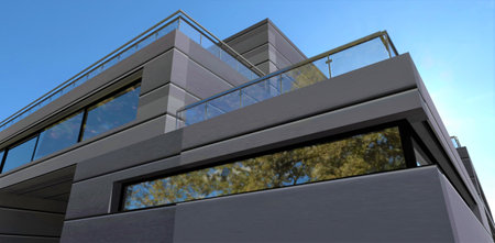 View from below at the blue sky on the corner of a futuristic house lined with metal composite panels. Advanced terraces are fenced with glass. 3d rendering.の写真素材