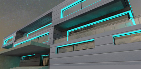The aluminum exterior of the advanced estate illuminated with turquoise LED lighting. View from below on the magnificent starry sky. 3d rendering.の写真素材