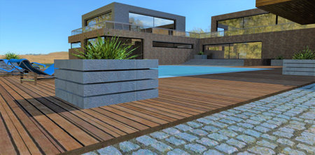 Concrete flowerpot with plants on a decking board near the pool in the yard of a newly built house designed according to an individual project. 3d rendering.の写真素材