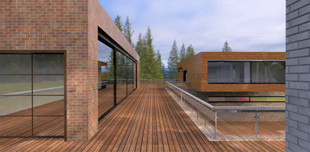 Wooden terrace on the roof of an advanced cottage designed in a modern style. Tops of coniferous trees around the building. 3d rendering.の写真素材