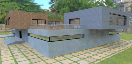 A neat veranda of a pretty cottage nestled in the dense foliage of a tropical park. Wall cladding with concrete, gray and brown bricks. 3d rendering.の写真素材