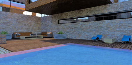 Peaceful atmosphere in a cozy patio in the courtyard of a designer country cottage. Comfortable furniture for relaxing near the pool. Concrete flowerpots with plants. Wall cladding with slate. 3d rendering.の写真素材