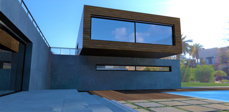 Cobblestone courtyard of a cozy country villa designed in a minimalist style. concrete walls. The floor is paved with massive slabs. Small swimming pool. tropical landscape. 3d rendering.の写真素材