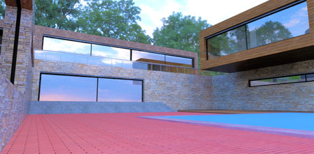 Trendy red paving stones around the pool in the courtyard of a cozy designer cottage. Finishing the walls with old slate. Cloudy summer day. 3d rendering.の写真素材